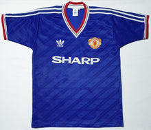 Load image into Gallery viewer, MANCHESTER UNITED 1986 AWAY BLUE VINTAGE JERSEY RETRO FOOTBALL SHIRT
