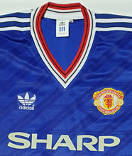 Load image into Gallery viewer, MANCHESTER UNITED 1986 AWAY BLUE VINTAGE JERSEY RETRO FOOTBALL SHIRT
